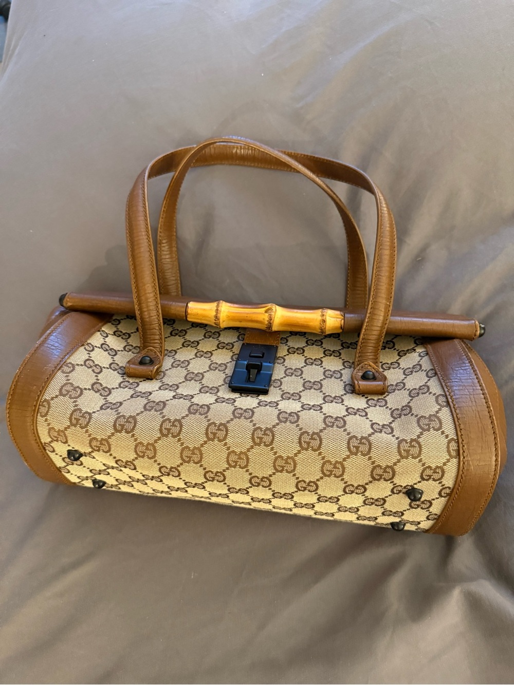 Gucci Brown/Tan GG Canvas Bamboo-Handle Shoulder Bag